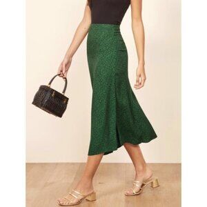 REFORMATION Bea Midi Skirt in Jitterbug Print Emerald Green Feminine Preppy Sz 0